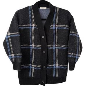 Babaton Black/Bue/White Plaid Quarter Sleeve Merino Wool Button Cardigan-2XS